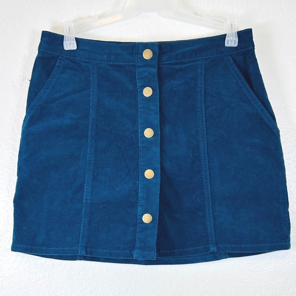 Altar'd State Boho Whimsy Fall Teal Blue Corduroy Button Front Mini Skirt SZ S